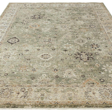 Heriz HE04 Ornate Traditional Persian Vintage Distressed Shimmer Tonal Textured Hi-Lo Space-Dyed Polyester Low-Profile Short Pile Sage Green Rug-Asiatic Carpets-Rug Love - The Most Loved Rug Store